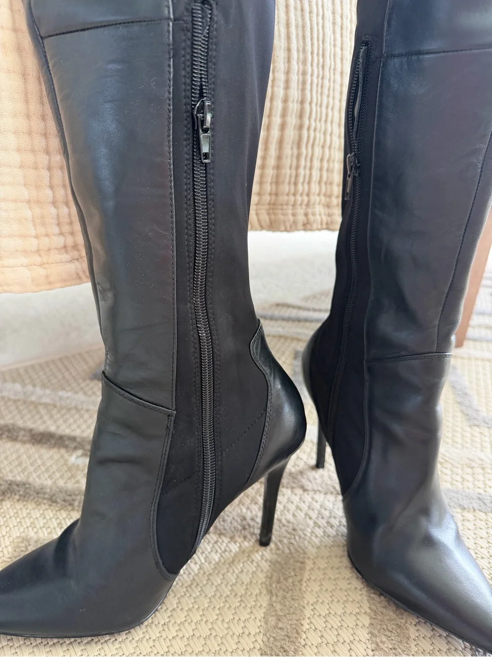 Charles David Black Leather Over the Knee Boots Size 8 Pointed Toe Stiletto